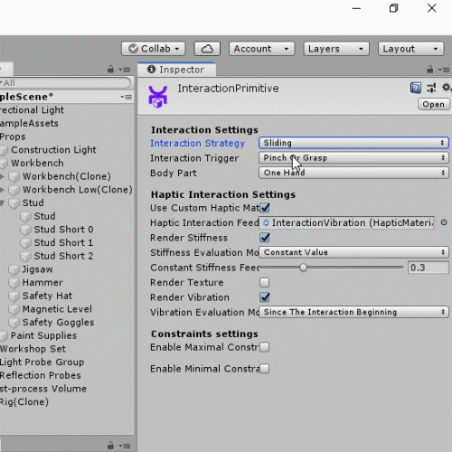 Unity 3d Interaction Builder setting for the creation of an VR/AR/MR hand interaction